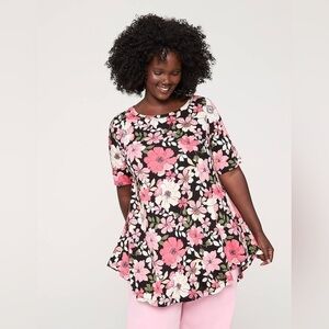 Lane Bryant 10/12 Perfect sleeve boat neck max swing Tee Black Floral
